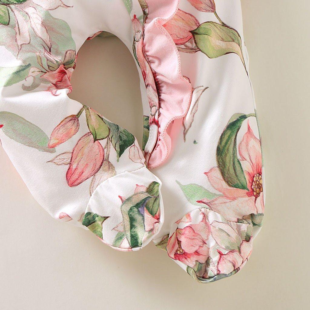 Cute Luxury Floral Newborn Baby Girl Clothes Infant Baby Girl Footed Full Sleeve Outfit Romper Jumpsuit With Big Bow In Modern Design