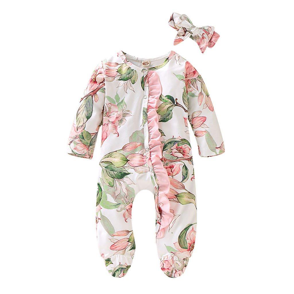 Cute Luxury Floral Newborn Baby Girl Clothes Infant Baby Girl Footed Full Sleeve Outfit Romper Jumpsuit With Big Bow In Modern Design