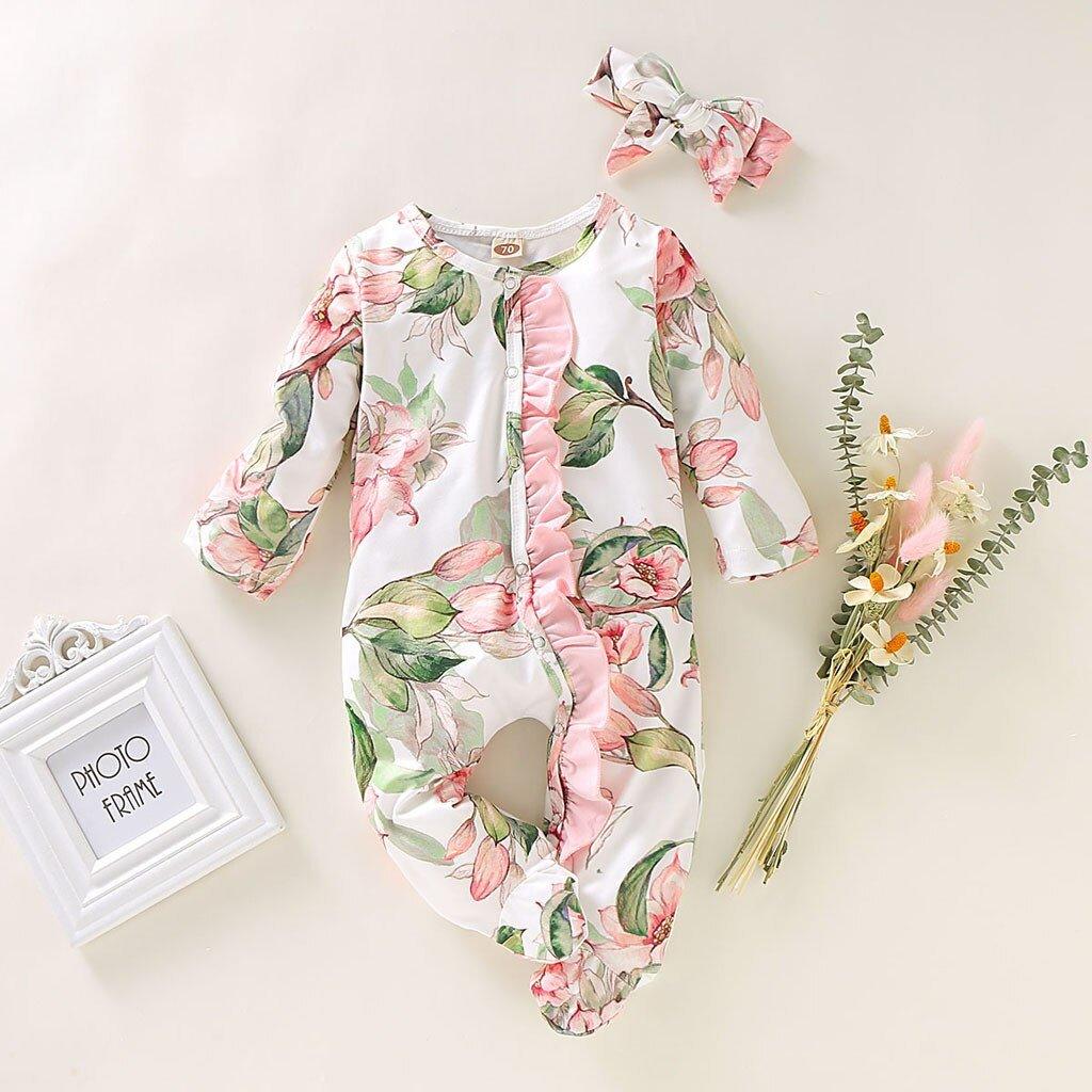 Cute Luxury Floral Newborn Baby Girl Clothes Infant Baby Girl Footed Full Sleeve Outfit Romper Jumpsuit With Big Bow In Modern Design