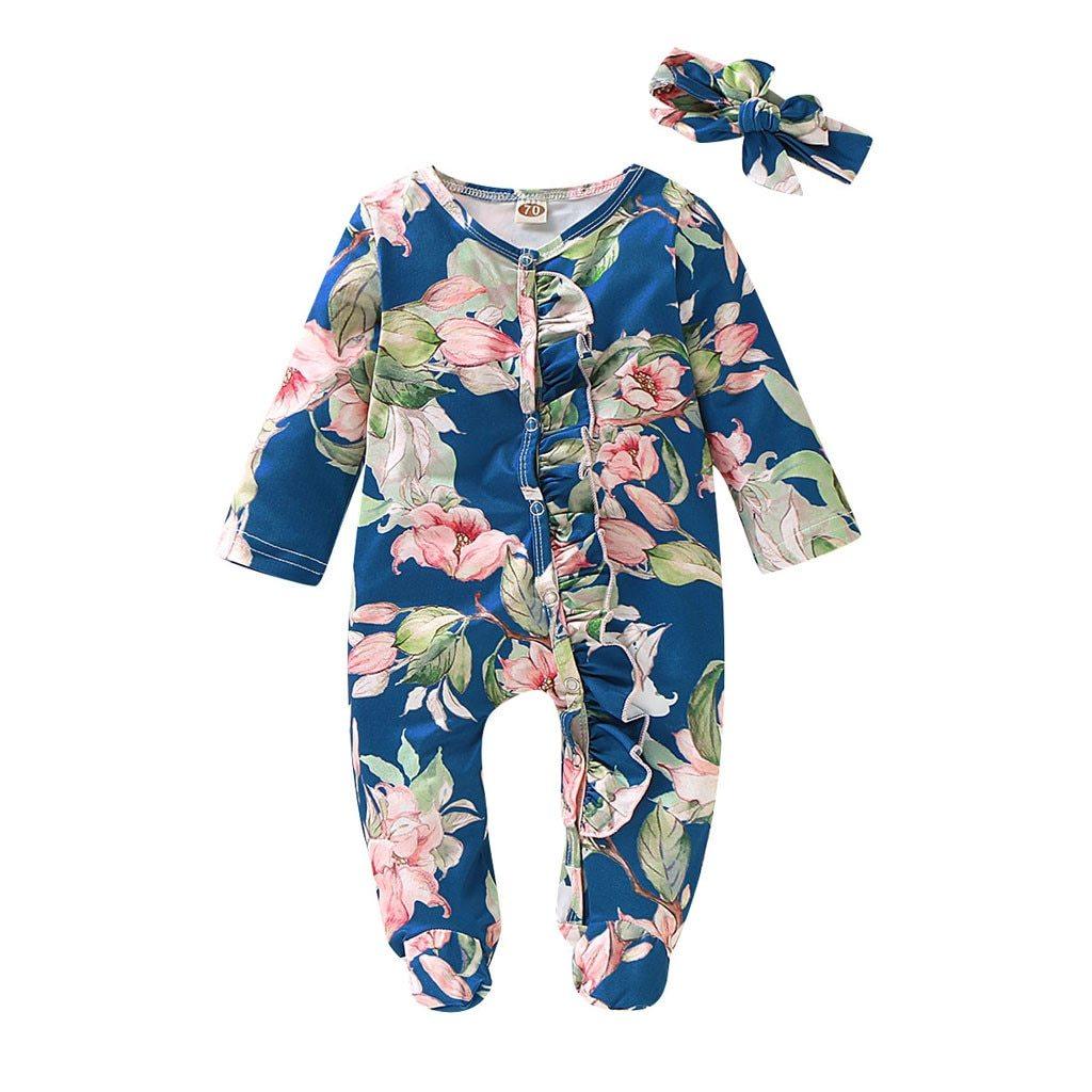 Cute Luxury Floral Newborn Baby Girl Clothes Infant Baby Girl Footed Full Sleeve Outfit Romper Jumpsuit With Big Bow In Modern Design