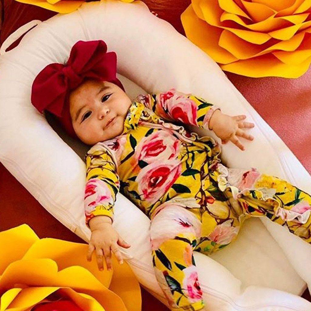 Cute Luxury Floral Newborn Baby Girl Clothes Infant Baby Girl Footed Full Sleeve Outfit Romper Jumpsuit With Big Bow In Modern Design