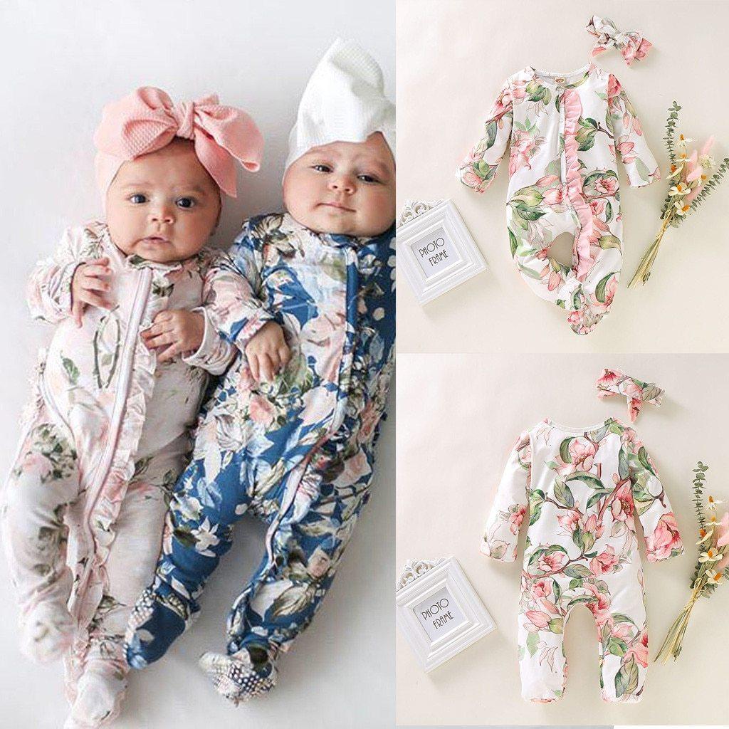 Cute Luxury Floral Newborn Baby Girl Clothes Infant Baby Girl Footed Full Sleeve Outfit Romper Jumpsuit With Big Bow In Modern Design