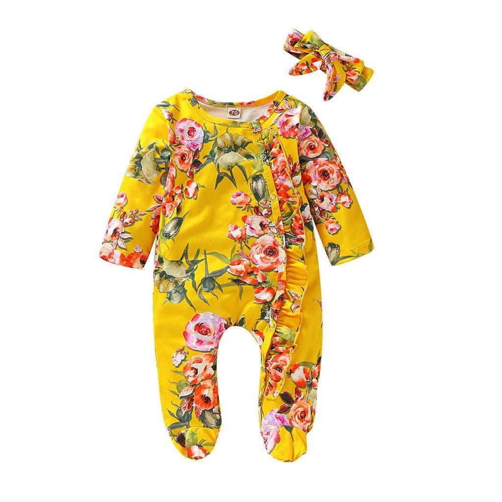 Cute Luxury Floral Newborn Baby Girl Clothes Infant Baby Girl Footed Full Sleeve Outfit Romper Jumpsuit With Big Bow In Modern Design